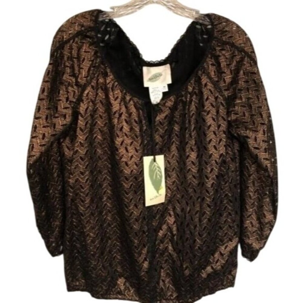 Nurture Copper Metallic Perforated Lace Loose Fit Top 3/4 Sleeve Size M NWT